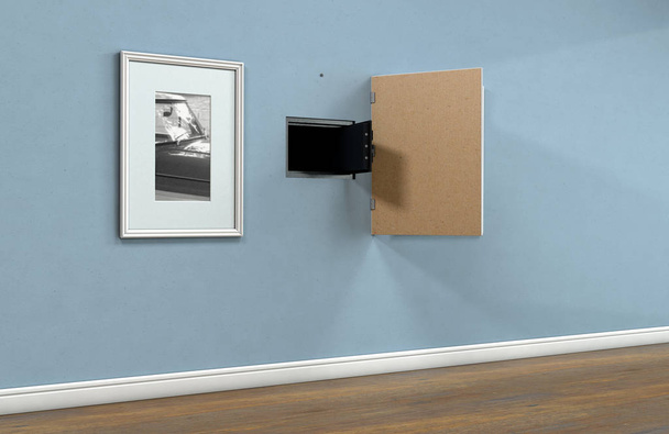 Открытый скрытый стенной сейф, открывающийся за висящей рамкой картины на плоской голубой стене в доме с блестящими деревянными полами - 3D рендеринг
 - Фото, изображение
