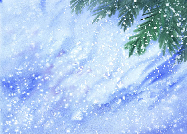 Zimą opady śniegu tekstury na niebieskim tle z gałęzi jodły. Ilustracja akwarela. - Zdjęcie, obraz