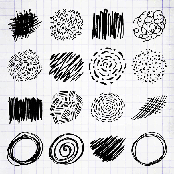 Набор карандашных карандашных рисунков от руки или кругов. Векторная иллюстрация круговых рамок, нарисованных вручную, на листе ноутбука
 - Вектор,изображение