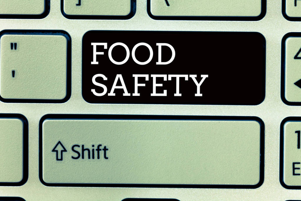 Tekst znak bezpieczeństwa żywności. Koncepcyjne zdjęcie warunki i praktyki, które zachowania jakości żywności - Zdjęcie, obraz