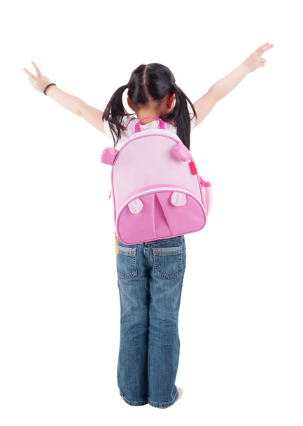 Full body rear view Asian child with schoolbag - Фото, изображение