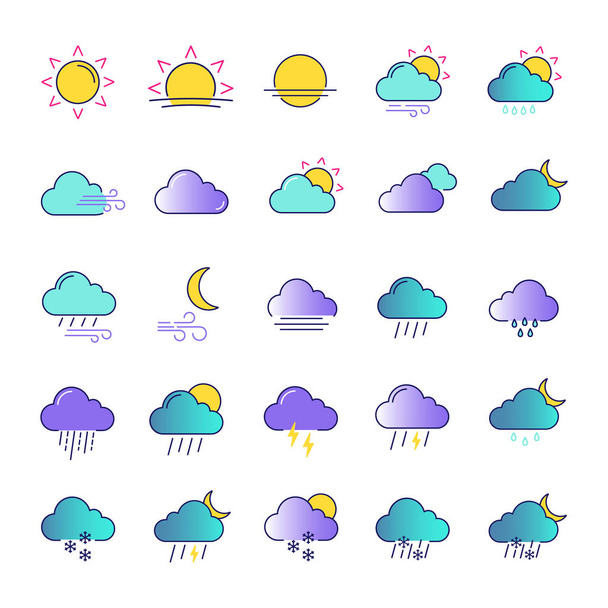 Weather forecast color icons set. Snow, rain, sleet. Shower or drizzle, thunderstorm. Sunny, cloudy, foggy and windy weather. Isolated vector illustrations - Vektori, kuva