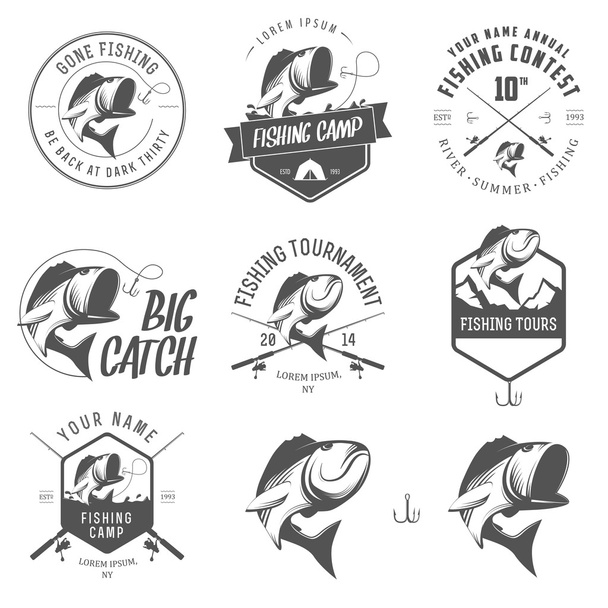 Set of vintage fishing labels, badges and design elements - Вектор, зображення