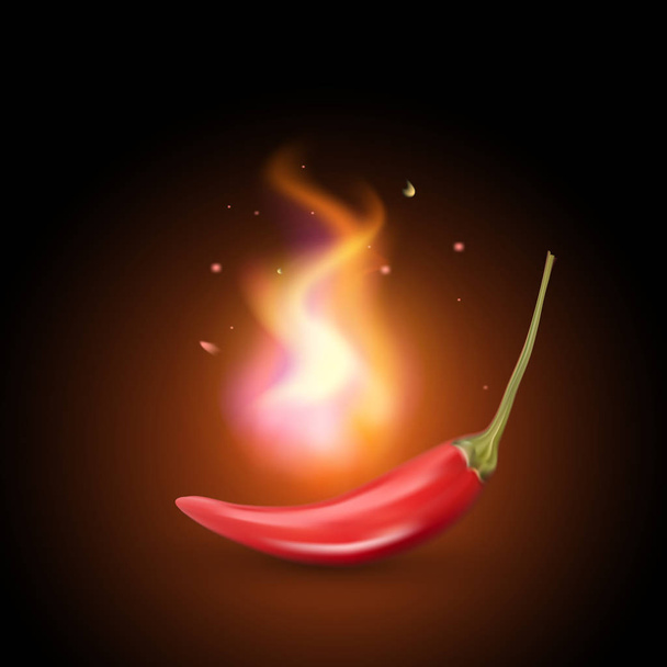 Realistic creative vector red hot flaming chilli pepper. Chili with fire isolated on dark background - Vector, Image