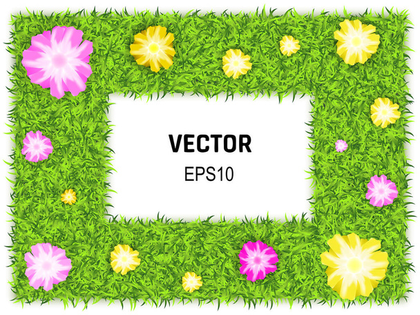 3D vektorové ilustrace pozadí obdélník zelené trávy s květinami. Eco rám nebo hranice s místem pro Text - Vektor, obrázek