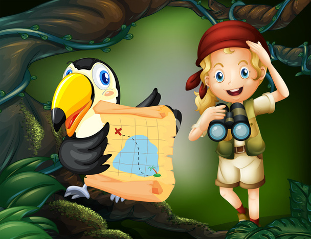 ένα κορίτσι με έναν παπαγάλο που κατέχουν ένα χάρτη - Διάνυσμα, εικόνα