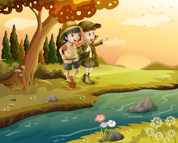 Девочка и мальчик на берегу реки
 - Вектор,изображение