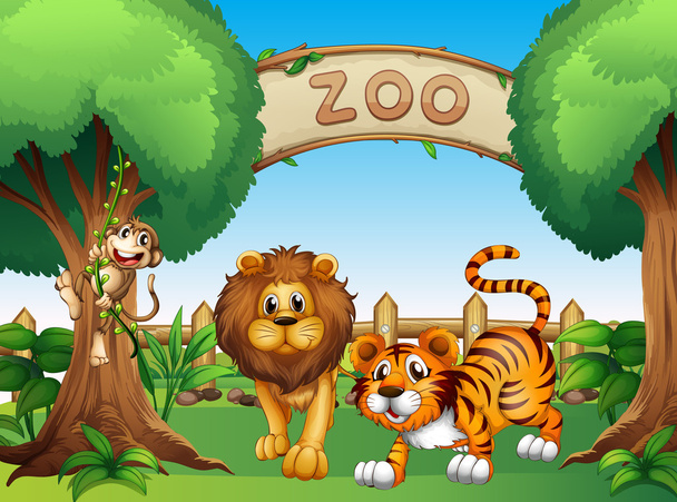 Ein Affe, ein Löwe und ein Tiger im Holzzaun - Vektor, Bild