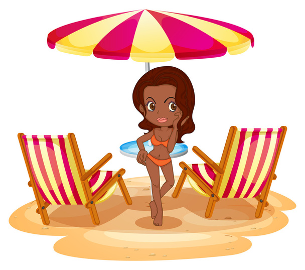 Una dama bronceada en la playa cerca de la sombrilla y sillas de playa
 - Vector, imagen