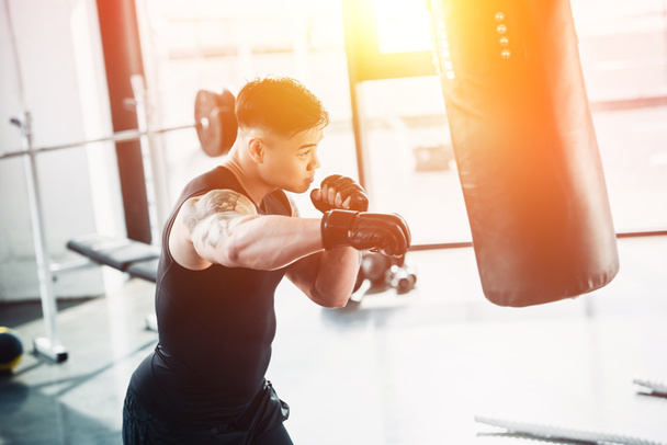 concentrated sportsman wearing boxing gloves and punching boxing bagat gym in sunlight - Valokuva, kuva