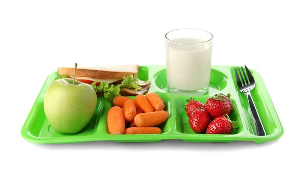 Serving tray with healthy food on white background. School lunch - Zdjęcie, obraz