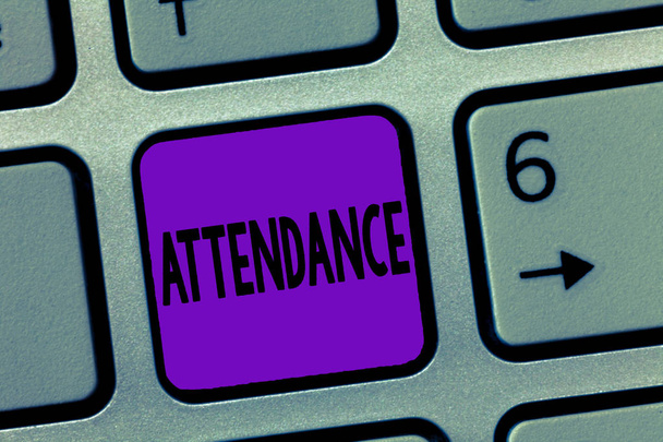 Writing note showing Attendance. Business photo showcasing Going regularly Being present at place or event Number of showing - Photo, Image