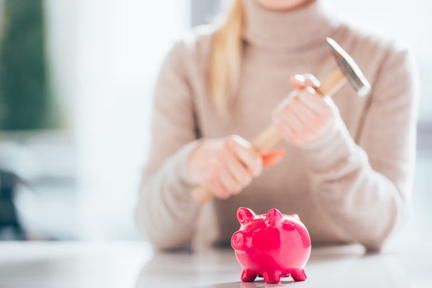 close-up view of pink piggy bank and woman holding hammer behind - Fotoğraf, Görsel