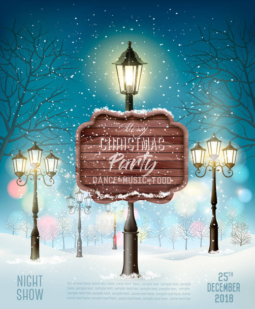Noel partisi tasarım şablonu ile akşam kış manzarası ve sokak lâmbası direği. Vektör - Vektör, Görsel