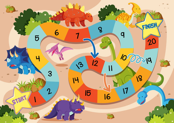 Plantilla de juego de tablero de dinosaurio plano ilustración
 - Vector, imagen
