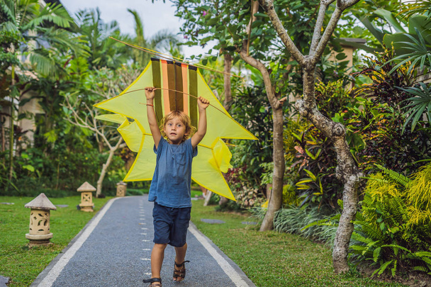 Boy launching flying kite in park in Ubud, Bali Island, Indonesia. - Foto, afbeelding