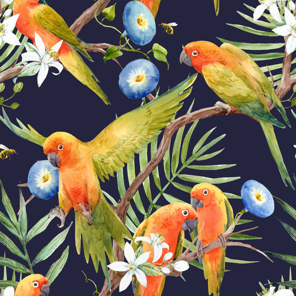 Watercolor tropical parrots vector pattern - Vecteur, image
