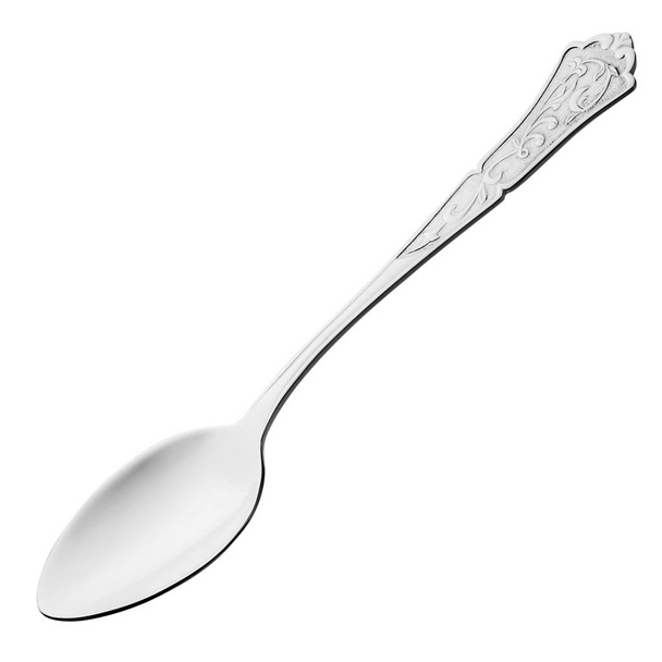 Silver spoon with a volumetric pattern on the handle isolated on white background - Photo, Image