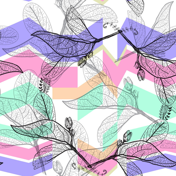Leaves black contours, bright blue lilac purple green modern trendy background. floral seamless pattern, hand-drawn. Geometric abstract background for site, blog, fabric. Vector illustration - Vettoriali, immagini