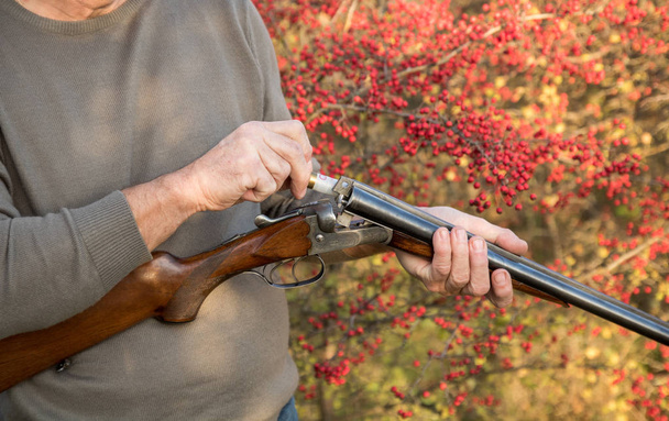 Metsästäjä lataa kaksipiippuista kivääriä patruunoilla. 16 ulottuma
 - Valokuva, kuva