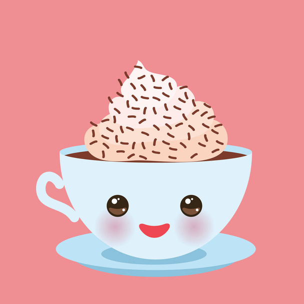  Cute blue Kawai cup with pink cheeks and eyes, coffee with cream and chocolate sprinkls on pink background. Vector illustration - Vektor, kép