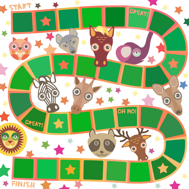 Funny cartoon animals game for Preschool Children, elephant deer horse, giraffe owl raccoon, wolf zebra lion, white green squares on white background. Vector illustration - Vector, Image