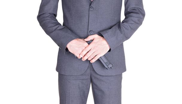 Man in suit with gun, handgun, isolated on white - 写真・画像