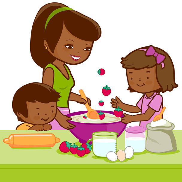 A mother cooking and her children helping her make a strawberry cake in the kitchen. - Wektor, obraz
