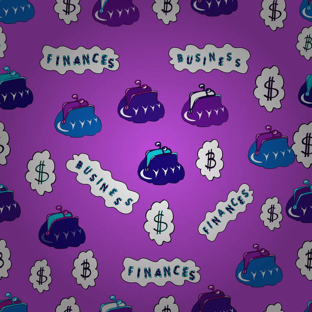 Bitcoin. Vektor. Geschäftsmuster auf violettem, weißem und blauem Hintergrund. nahtlose Geschäftsmuster. Dollar. - Vektor, Bild