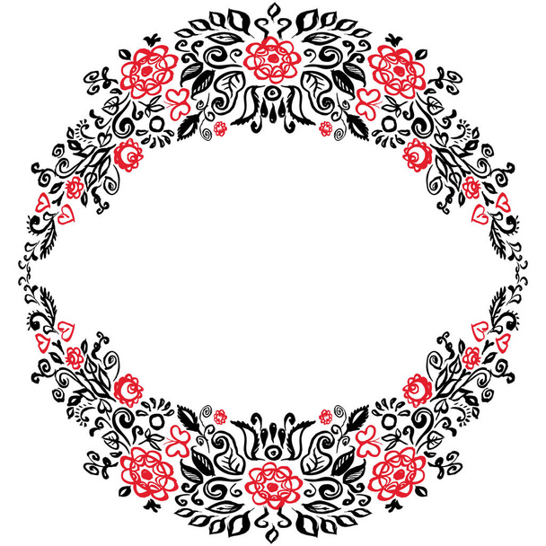 Beautiful card with a round summer wreath of different flowers folk art floral ornament Vintage elegant wedding invitation Red Black isolated on white background. Vector illustration - Vettoriali, immagini