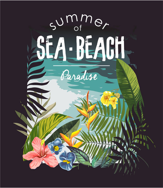 тропічний пляжний слоган з джунглями та пляжною ілюстрацією
 - Вектор, зображення