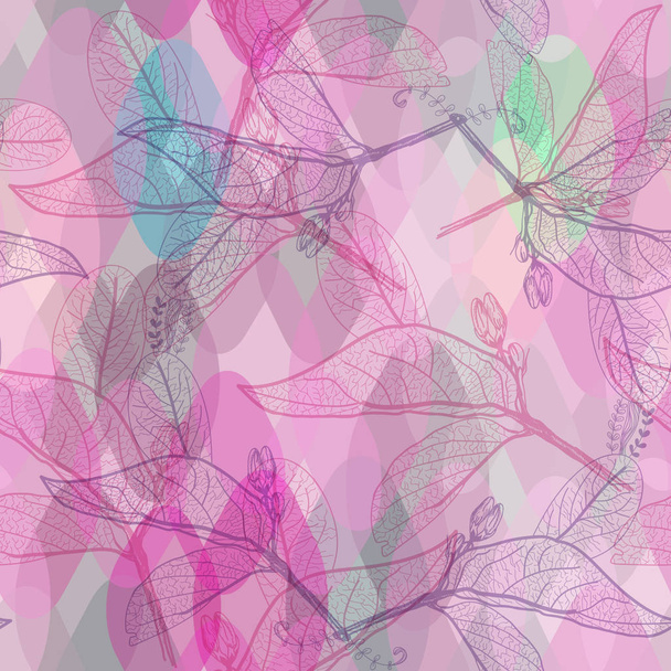 Leaves contours, bright pink purple lilac green modern trendy floral seamless pattern, hand-drawn. abstract background for site, blog, fabric. decorative contemporary elements. gold print. Vector illustration - ベクター画像