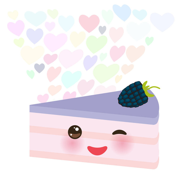 Happy birthday Card design cute kawaii piece of cake, decorated with fresh blackberry, purple cream icing, pastel colors on white background. banner template, card design. Vector illustration - Вектор, зображення