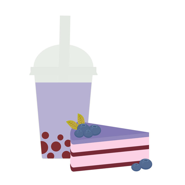 Bubble Tea with blueberry berries. Milk Cocktails in plastic cup, tubule. Sweet cake decorated with fresh blueberry, pink chocolate cream and icing, pastel colors on white background. Vector illustration - Vector, Image