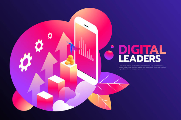 isometric businessman with cape flying on top of the graph and smartphone, digital online and business concept. Digital Leader. - Vector, Image