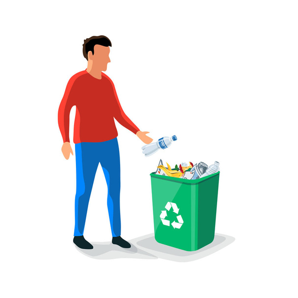 Uomo caucasico gettando una bottiglia di plastica rifiuti nel bidone verde della spazzatura. Illustrazione isolata della spazzatura vettoriale piatta su sfondo bianco. Concetto di riciclaggio rifiuti
. - Vettoriali, immagini
