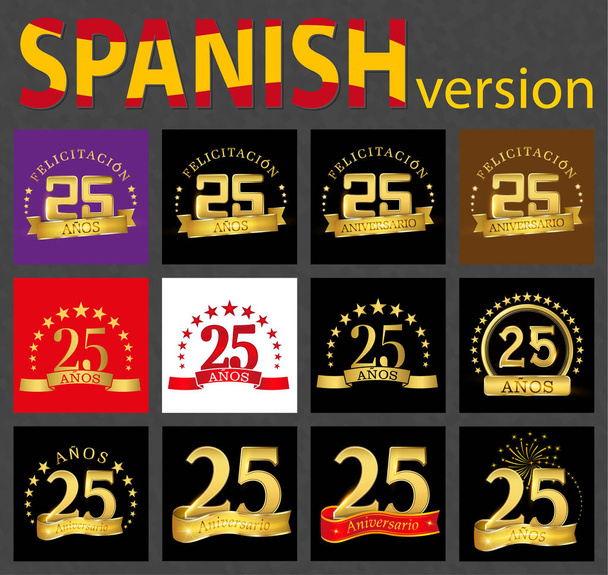 Sada číslo dvacet pět (25 let) oslava designu. Výročí zlaté číslo prvky šablony pro vaši narozeninovou oslavu. Přeloženo ze španělštiny - blahopřání, let, výročí - Vektor, obrázek