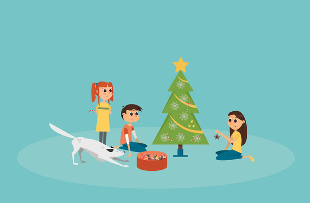 Vector Illustration: Children Decorating Christmas Tree. - Vector, Image