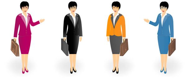 Conjunto de mujeres de negocios, trabajadores de oficina en ropa de oficina con un maletín aislado sobre fondo blanco
. - Vector, imagen