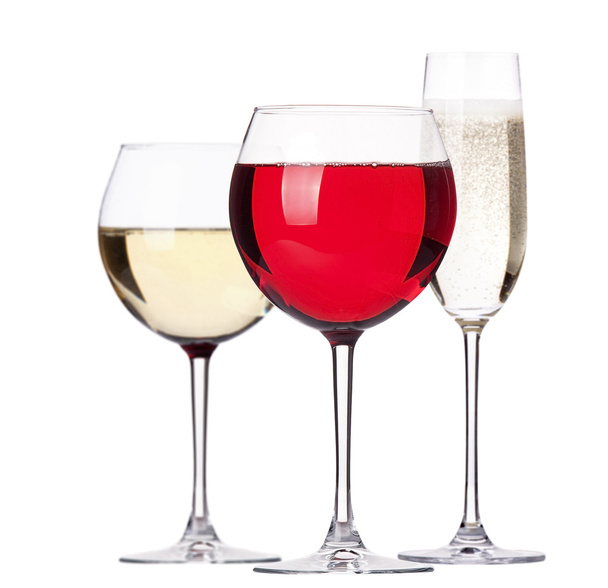 glass of white and red wine with champagne set isolated - Photo, image