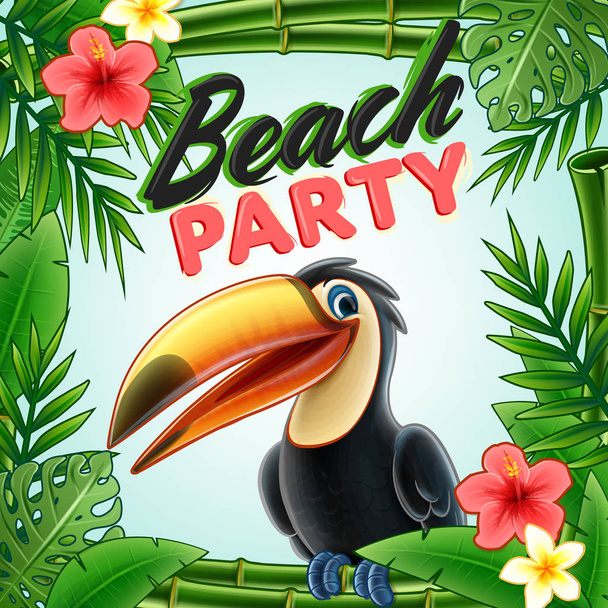 Beach party poster made of exotic leaves and toucan - Wektor, obraz