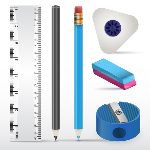 Erasers, pencil, ruler on a white paper. Vector illustration - Вектор,изображение
