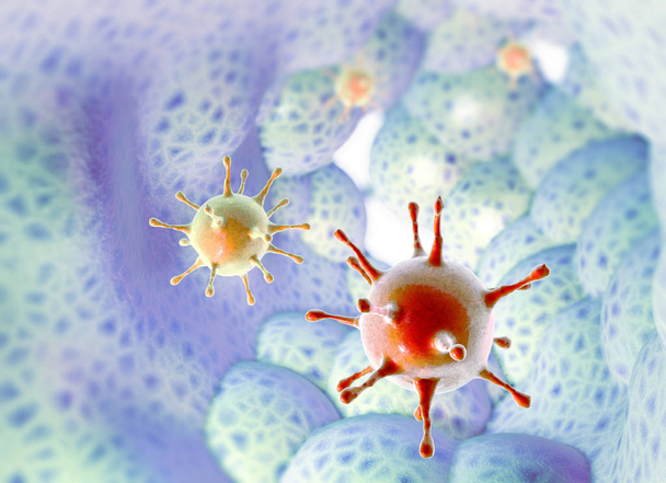 Вирусы, микроорганизмы, размножение и распространение. Формирование бактерий и микроорганизмов под микроскопом. 3d-рендеринг
 - Фото, изображение