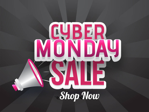 Sticker style text Cyber Monday Sale with megaphone on black ray background for poster or template design. - Wektor, obraz