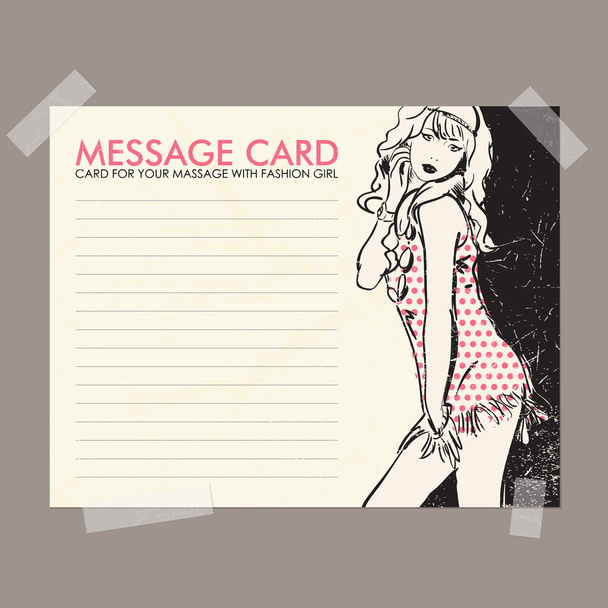 Message card with fashion girl fixed with sticky tape. Vector illustration. - Vector, Imagen