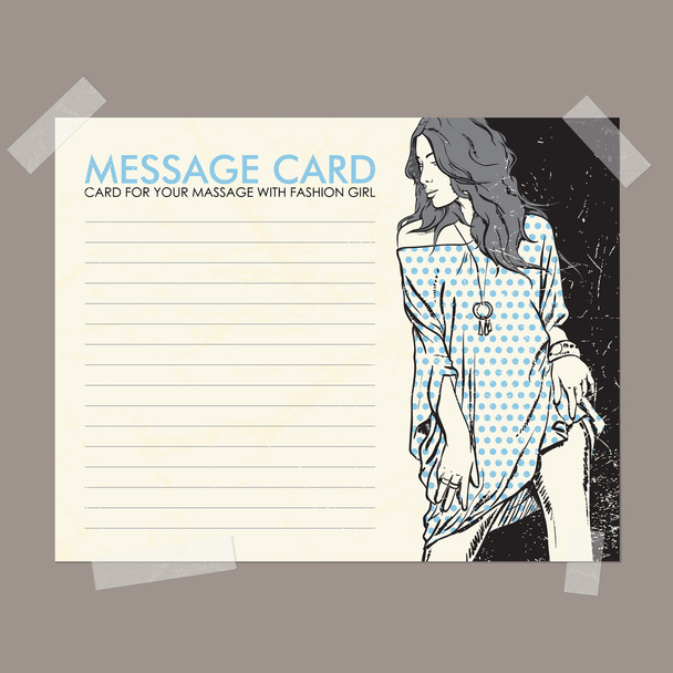 Message card with fashion girl fixed with sticky tape. Vector illustration. - Вектор,изображение