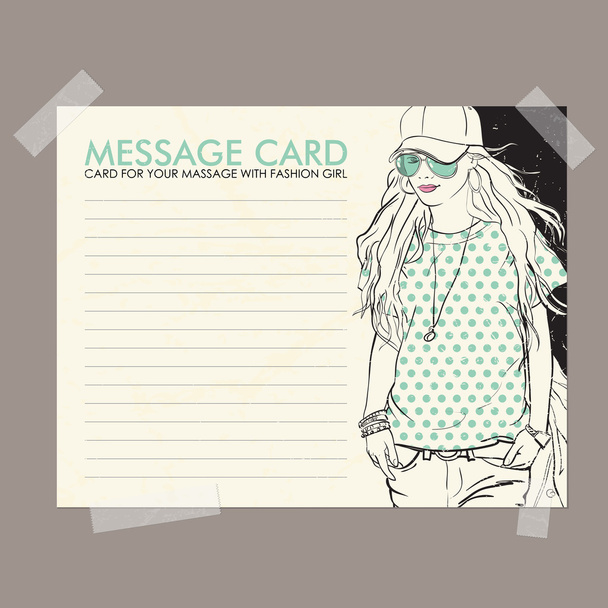 Message card with fashion girl fixed with sticky tape. Vector illustration. - ベクター画像