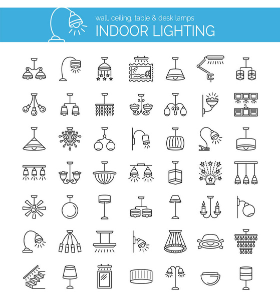 Indoor lighting. Set of modern and traditional lamps, pendants, chandeliers, torcheres, sconces. Vector line icon collection. Elements of home illumination. - Vector, Image