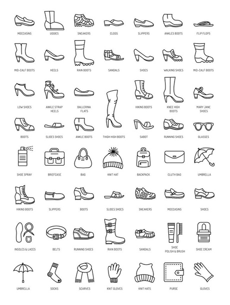 Zapatos y accesorios para hombres y mujeres. Conjunto de iconos de línea vectorial. Varios estilos de calzado. Tacones, botas, zapatillas, sandalias, pisos. Bolsas, guantes, gafas de sol, sombrillas, sombreros, bufandas, calcetines. Productos para el cuidado de calzado: pulido, crema, cepillo
. - Vector, Imagen