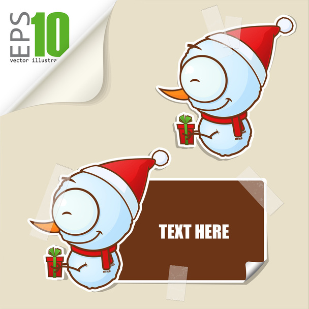 Set of message card with cartoon snowman and paper snowman fixed with sticky tape. Vector illustration. - Vector, Imagen